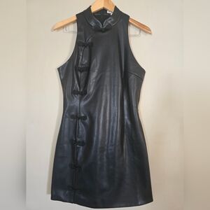Sau Lee Black Faux Leather Mandarin Collar Mini Dress